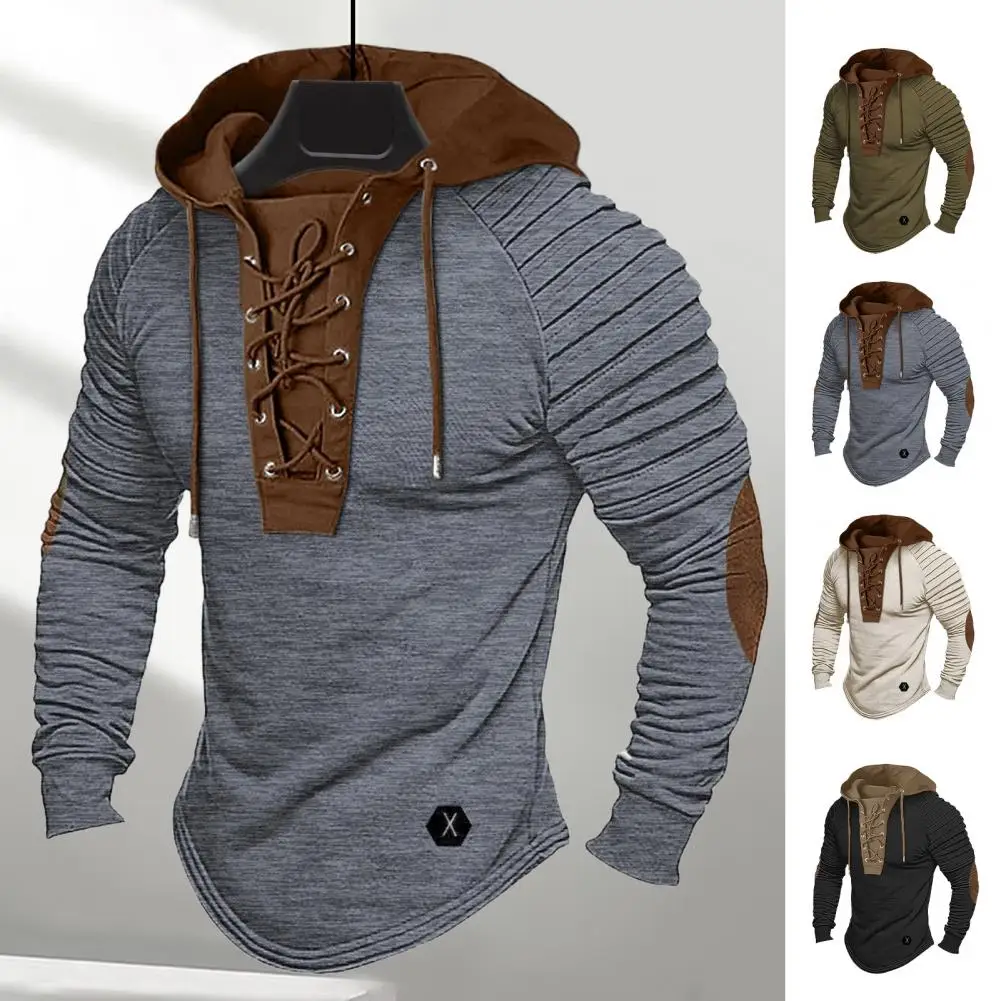 Men Spring Hoodie Pleated Shoulder Colorblock Drawstring Hooded Top Long Sleeve Pullover Lace-up Retro Vintage Style Hoodies