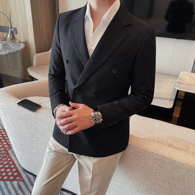 British Style Double Breasted Suit Jackets Men\'s New Solid Color Business Casual Blazer Male Trend Slim Social Party Dress Coats