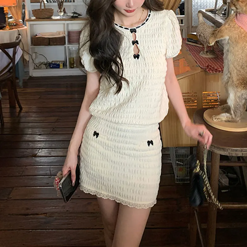 

Bow Plead Top Short Skirt Set For WomenTwo-Piece Set Summer Temperament Lady French Style Small Fragrant 2024 Female Clothing