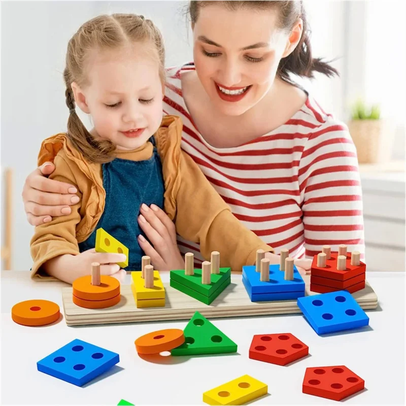 Montessori teaching aids wooden geometric shape columns five sets children cognitive building blocks matching educational toys