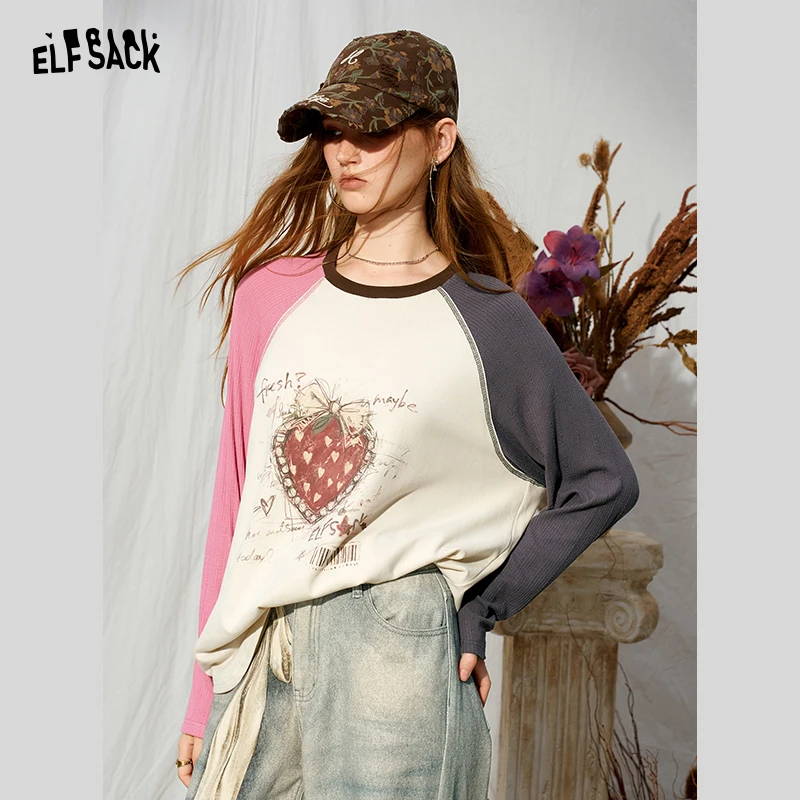 ELFSACK Women's Color Block Ringer Raglan T-Shirt with Strawberry Graphic Print, Long Sleeve Casual Top for Everyday Wear