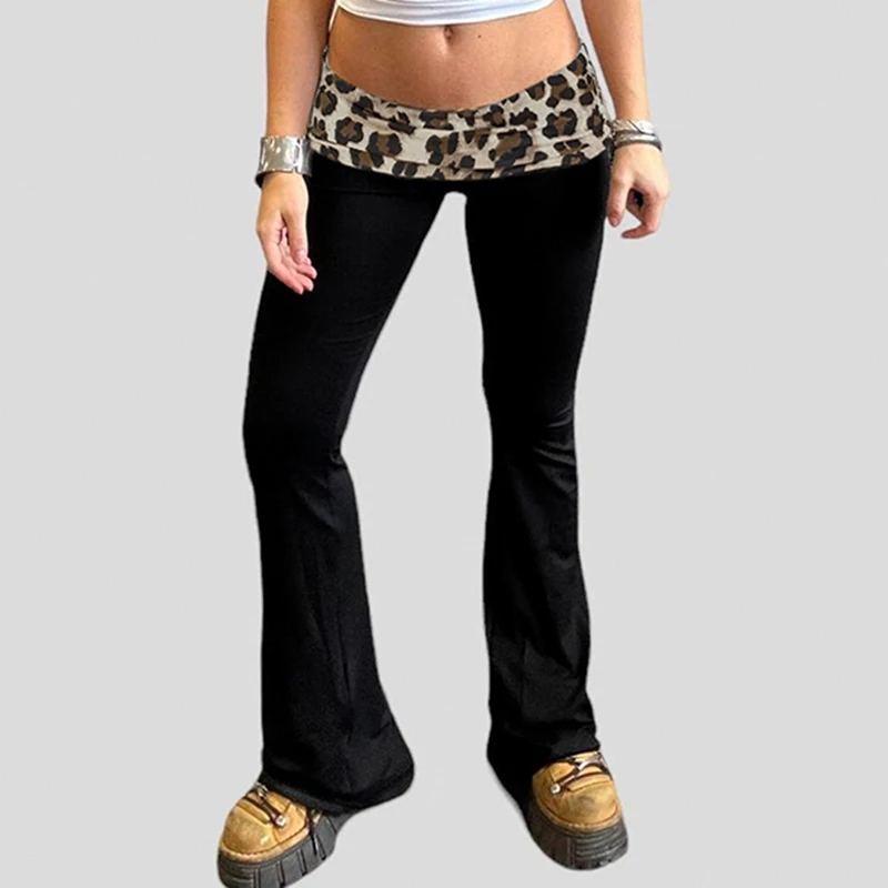 Rapcopter Leopard Patchwork Pants Women Vintage Slim Flare Trousers Streetwear y2k Fashion Sweatpants Casual Grunge Clothes New