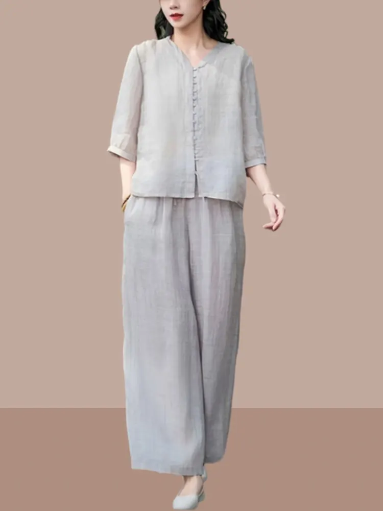 Ladies Cotton Linen Wide Leg Pants Set V Neck Loose Top Bottoms Two Piece Set Retro Style Summer Collection Casual Wear