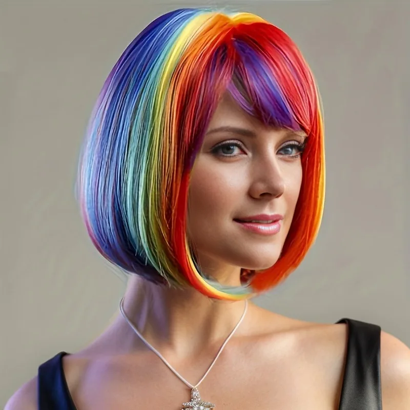 Femme sept couleurs BOB fête Cosplay vêtements chapeaux Air frange cheveux courts raides Halloween habiller étudiant tête perruque couverture