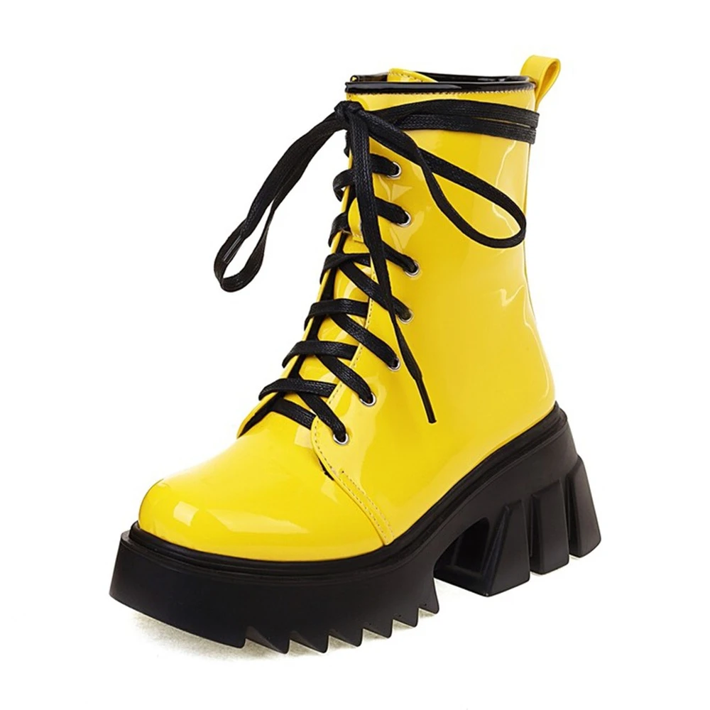 Women Patent Leather Platform Combat Boots Lace‑Up Thick Sole Ankle Fashion Boots 35‑44 2219