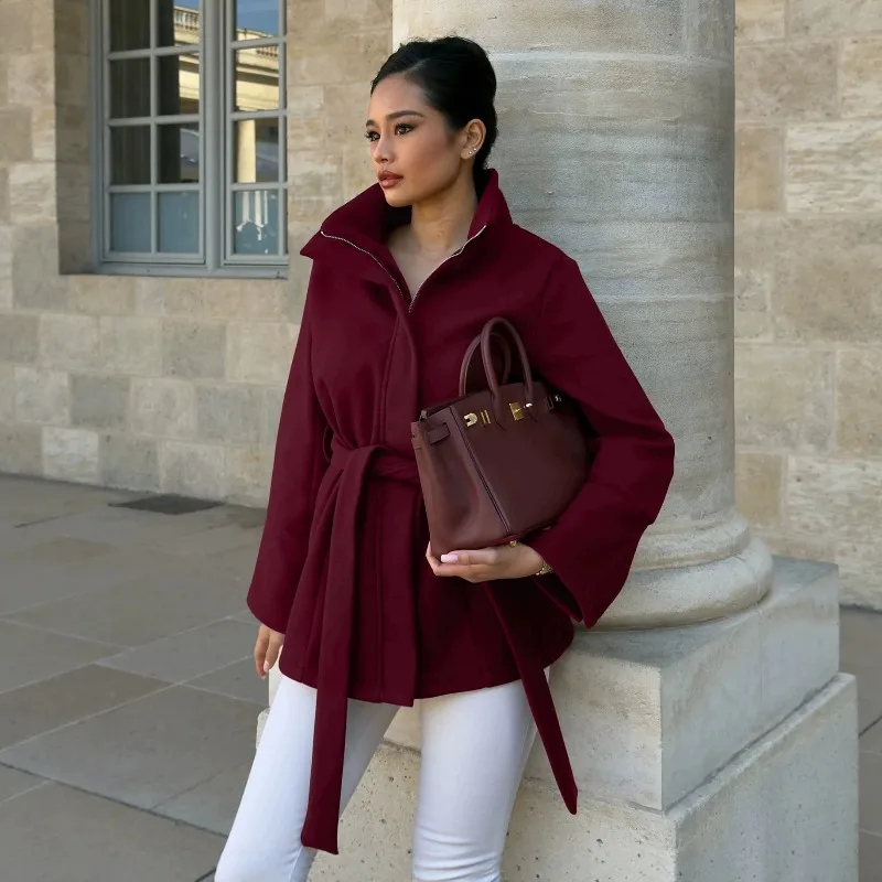 FRAYA LAB Women Commute Woolen Coat Lapel Collar Wine Red Belted Waist Designer Jacket Fall Winter 2026 New Chic Trendy Soft Top