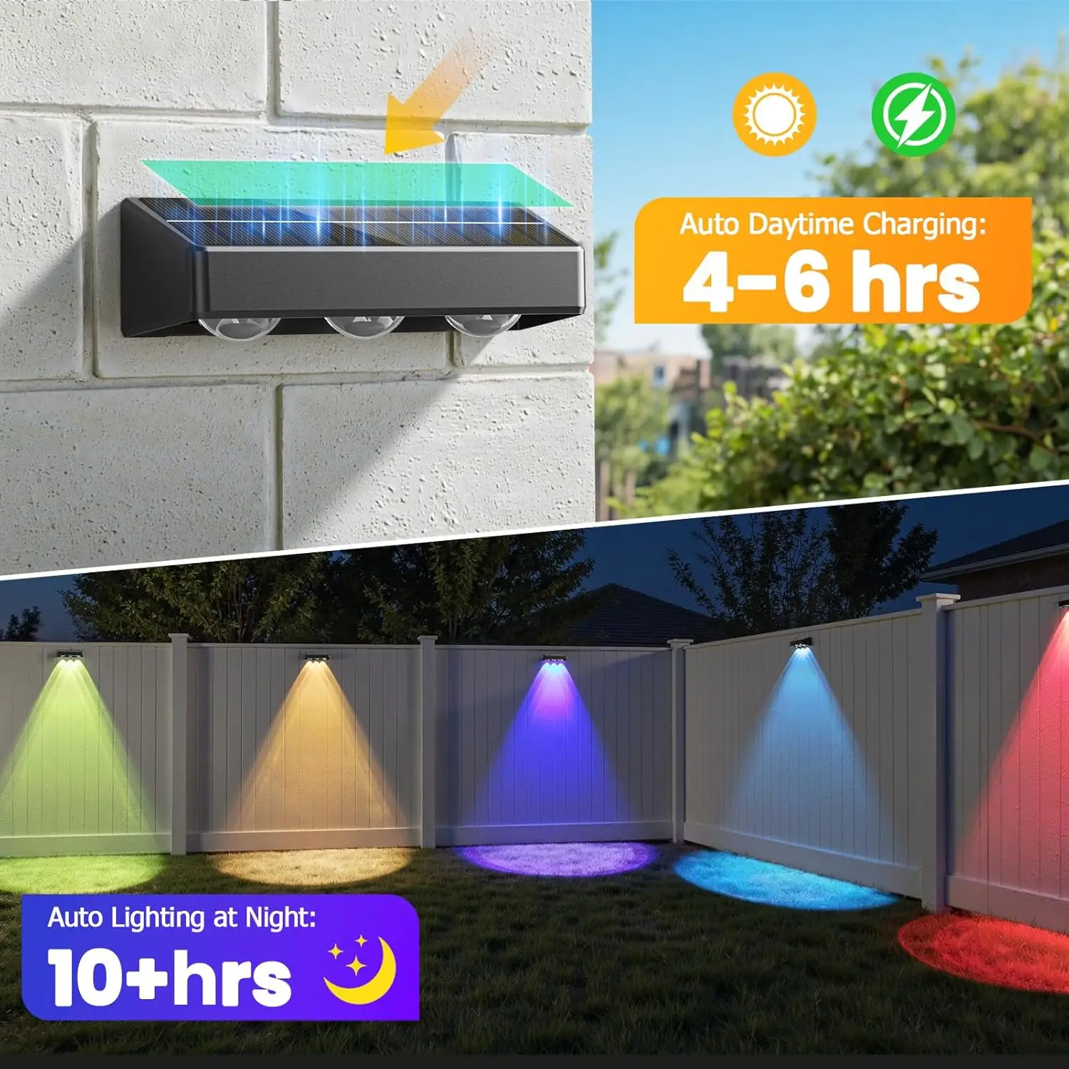 Solar Fence Lights, 12 Pack RGB Waterproof LED Outdoor Deck Lights with Lenses for Yard, Railing, Patio - Black