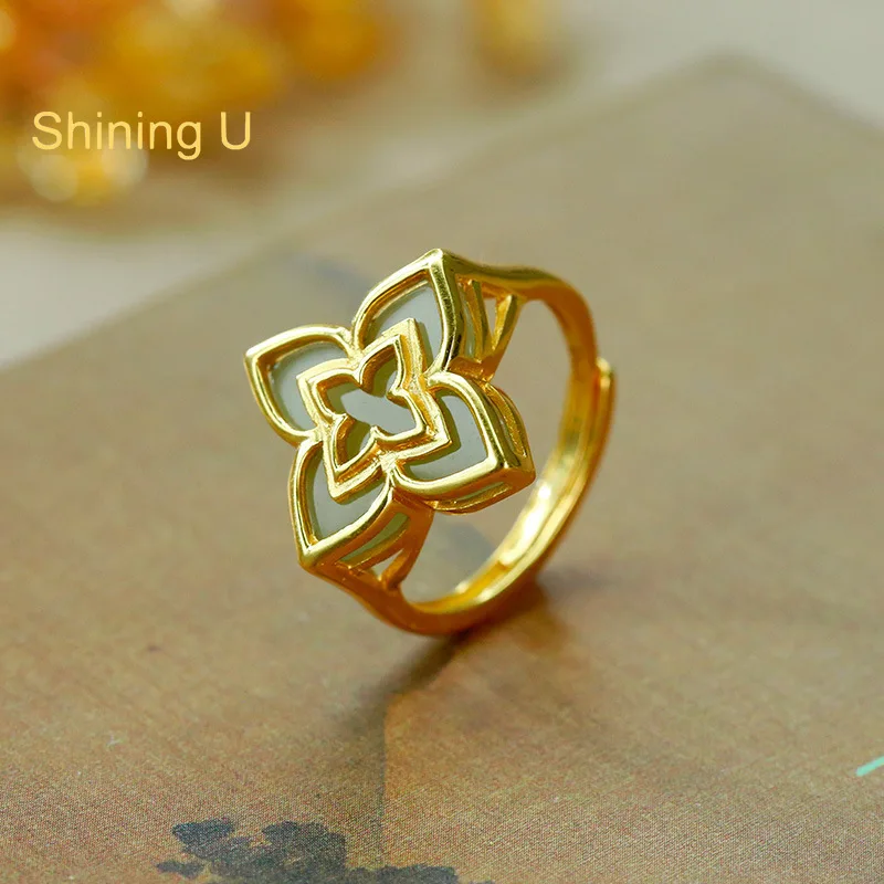 

Shining U S925 Silver Jade Clover Jewelry Set Earrings Ring for Women New Chinese Style Fine Jewelry Gift