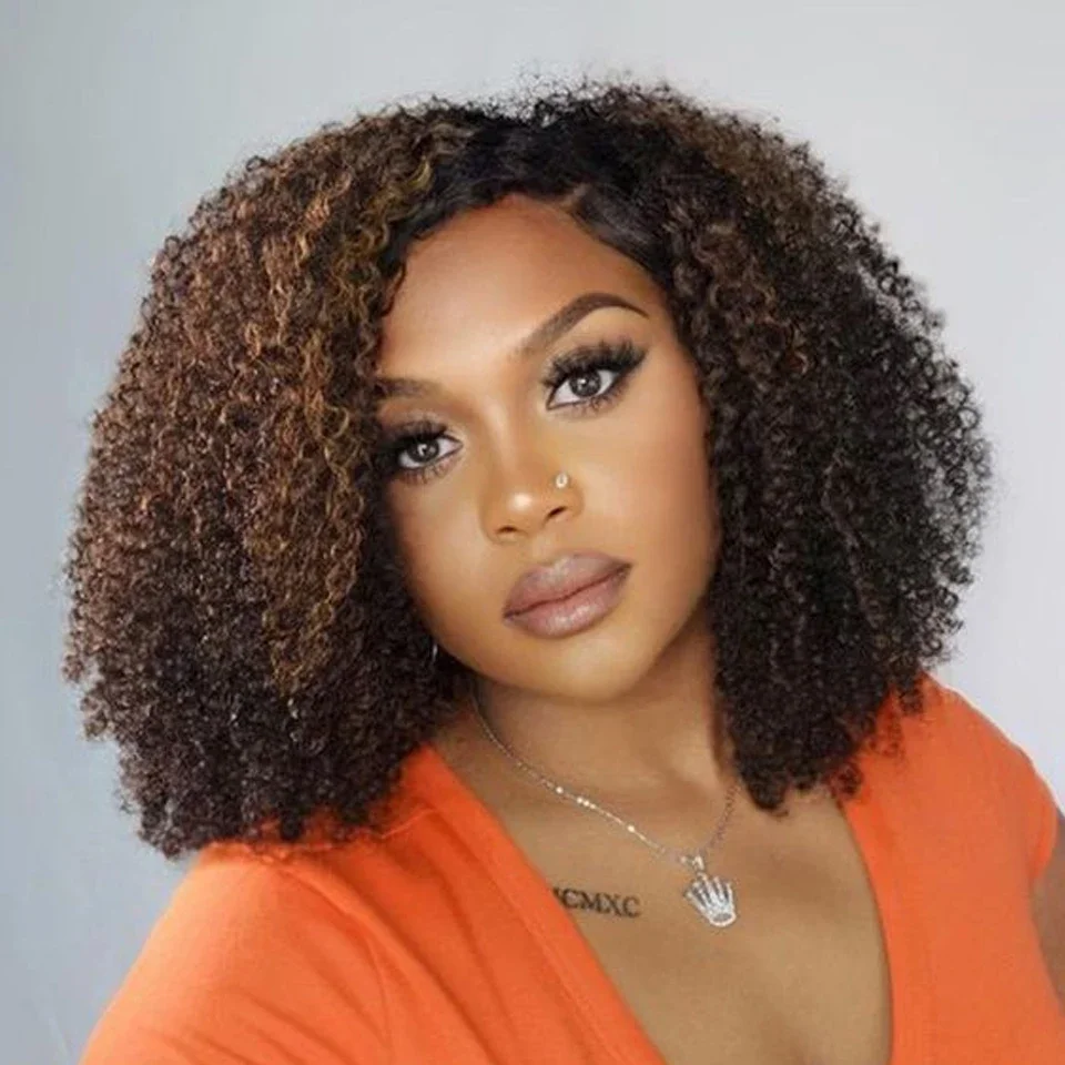 Afro Kinky Curly Human Hair Wigs Ombre Highlight Human Hair Wig With Bangs Colored Brazilian Curly Bob Wig For Women