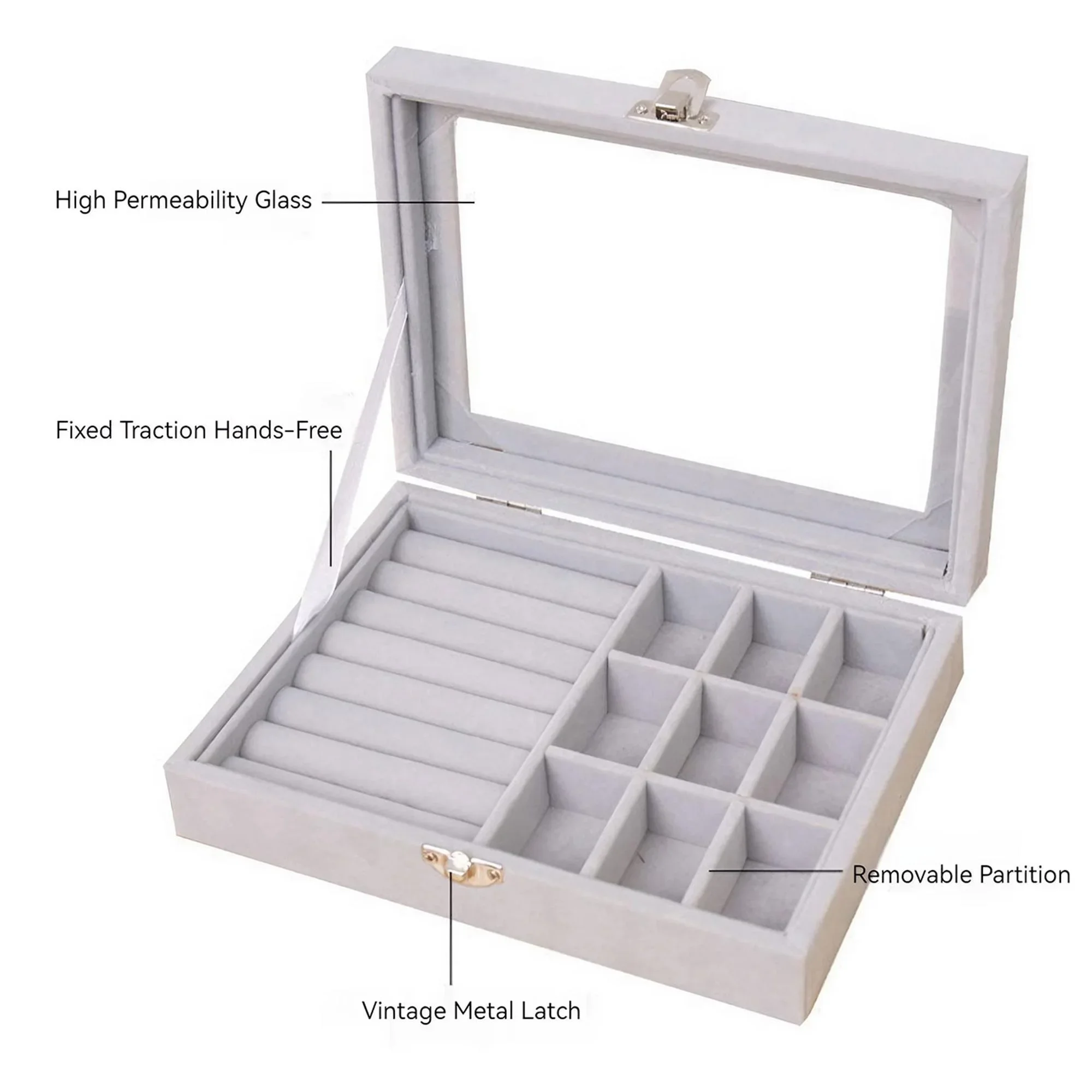 Clear Lid Velvet Jewelry Organizer Box Rings Earrings Storage Display Holder Dust Proof Multi Piece