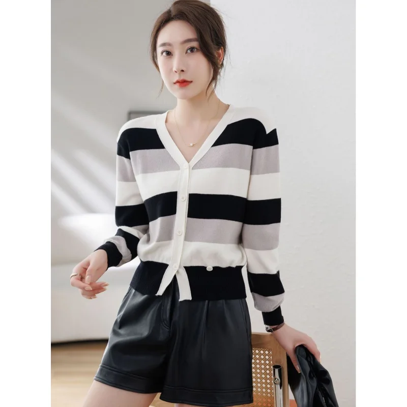 Colored Core-Spun Yarn New Casual Striped Color-Block V Neck Knitted Sweater Women's Long Sleeve Cardigan Outerwear Top