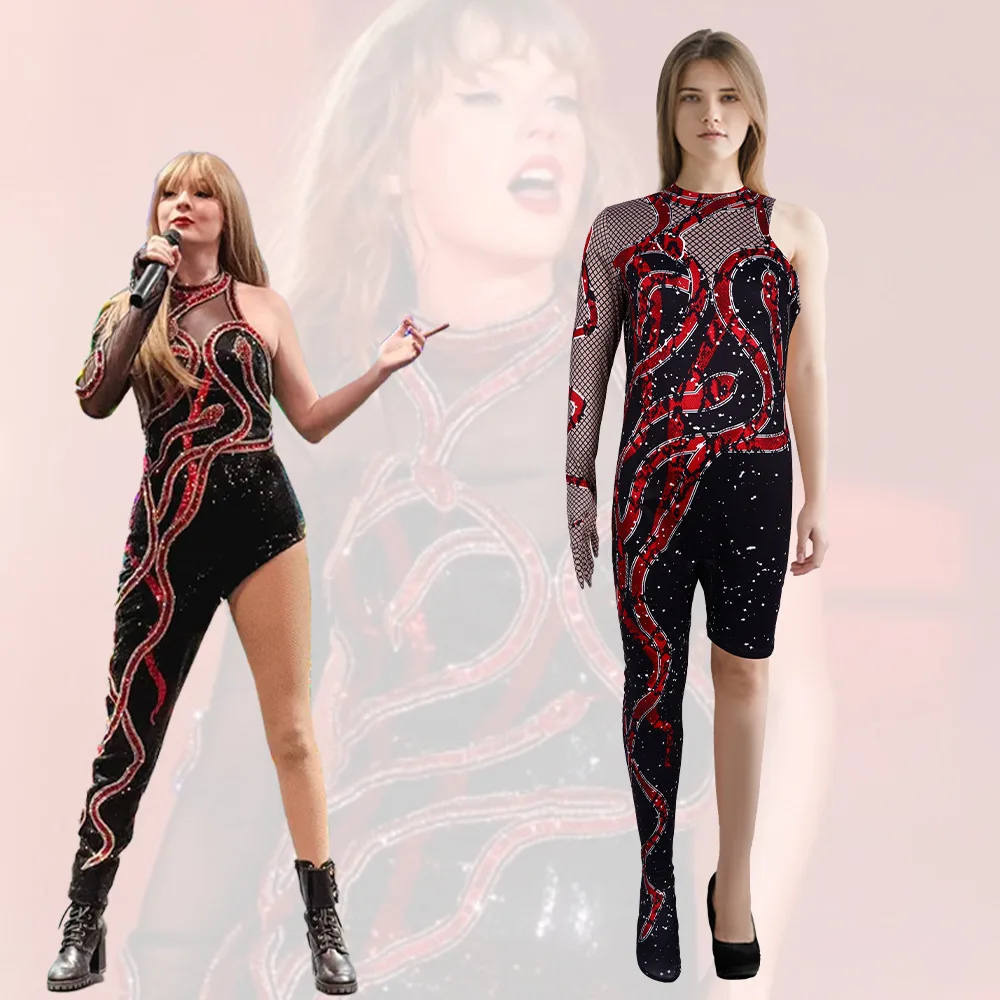Women Girl Shiny Performance Cosplay Costume Adults Kids Singer Concert Tights Snake Pattern Halloween Onesie Dress Up Jumpsuit