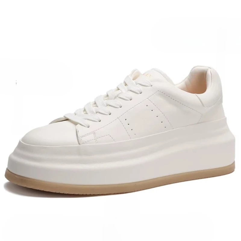 Men's Horseskin Hand-sewn Casual Sneakers Comfortable Breathable Simple Heightening Board Shoes Genuine Leather White Shoes for
