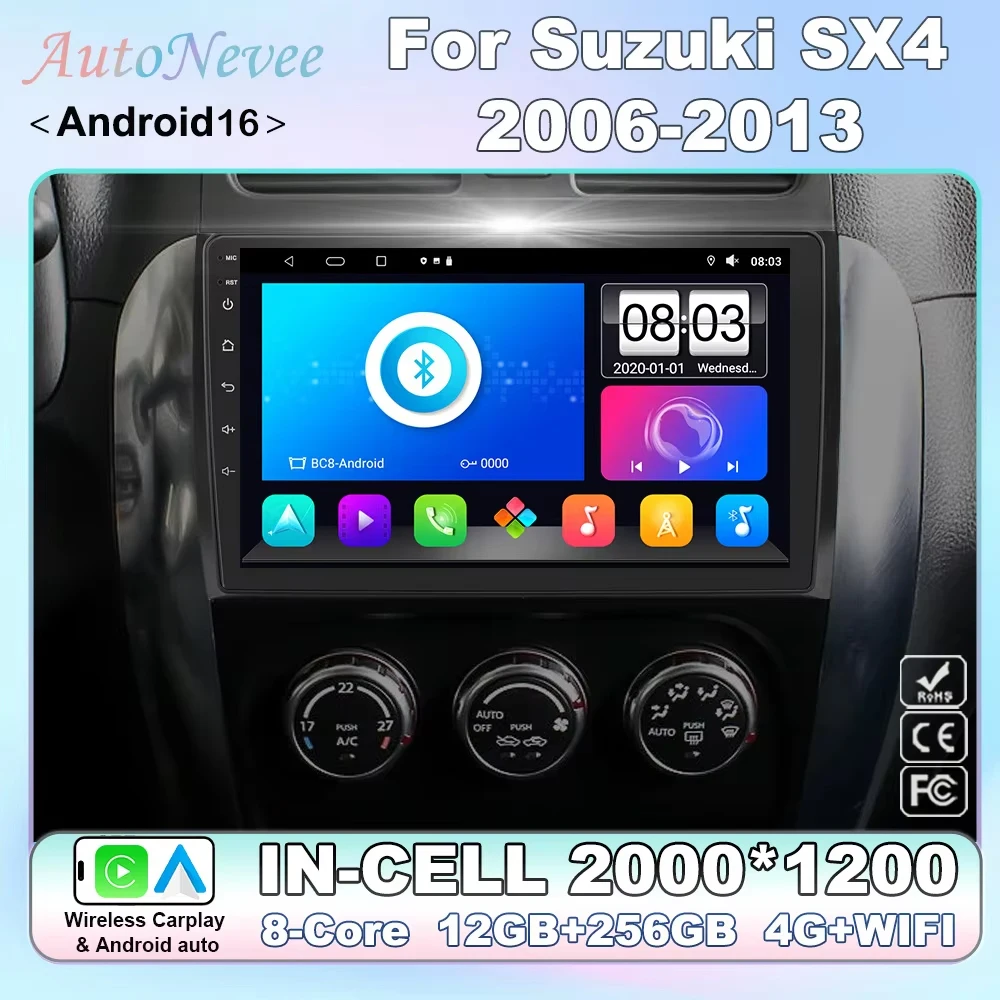Android 16 Carplay Car Radio Multimedia For Suzuki SX4 SX 4 2006 - 2013 Head Unit GPS video DSP BT Player DVD Autoradio Stereo
