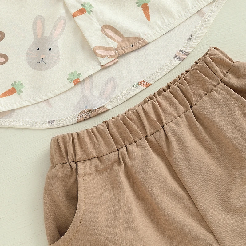 Easter Bunny Print Toddler Boy Short Set with Short Sleeve Button-up Shirt and Elastic Waistband Shorts Featuring Pockets