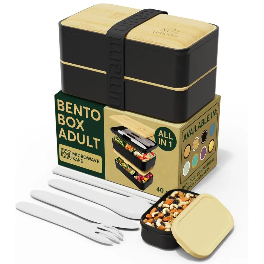 

Bento Box Adult AllIn1 w 4 Utensils, Big Sauce Jar, 2 Dividers, 100 Leakproof, Microwave amp Dishwasher Safe, Stackable Bento Lu