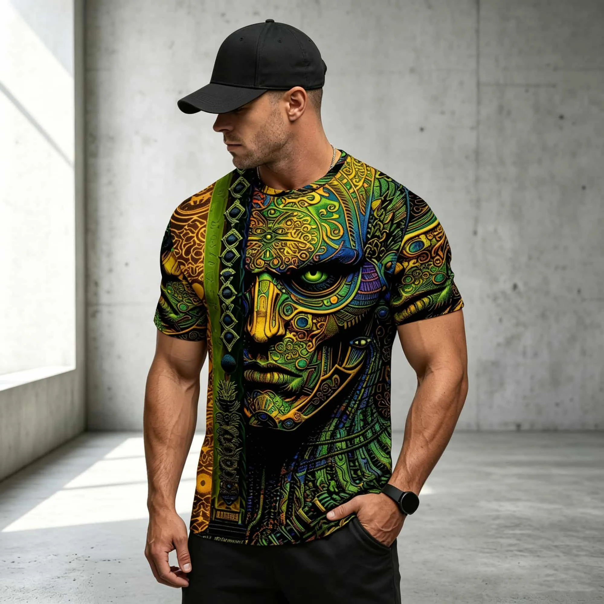 Herren-T-Shirt im Ethno-Stil mit kurzen Ärmeln, psychedelischem Tribal-Totem-All-Over-Print, lässiges Hip-Hop-Streetwear-Shirt mit Rundhalsausschnitt – Detail 2