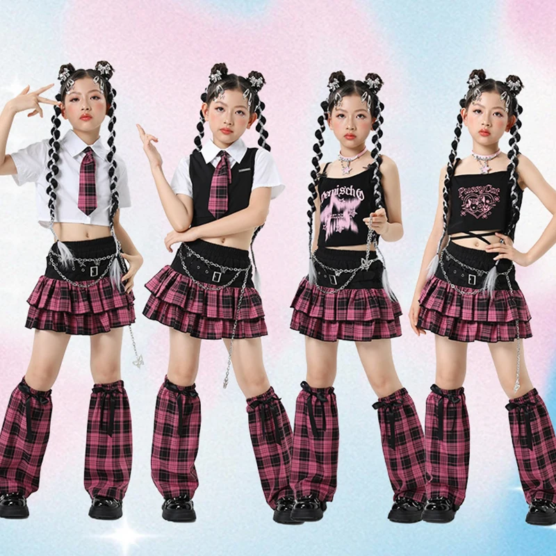 Children's Hip Hop Academy Style Half Skirt Set Checkered Cake Short Skirt Jazz Dance Clothing Girls' Performance Outfit XH285