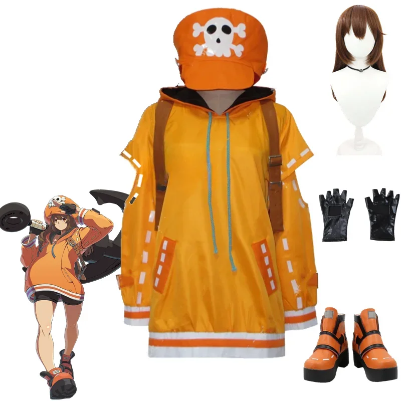 

《Custom Size》Game STRIVE May Orange Cosplay Costume with Schoolbag Women Halloween Wig Shoes