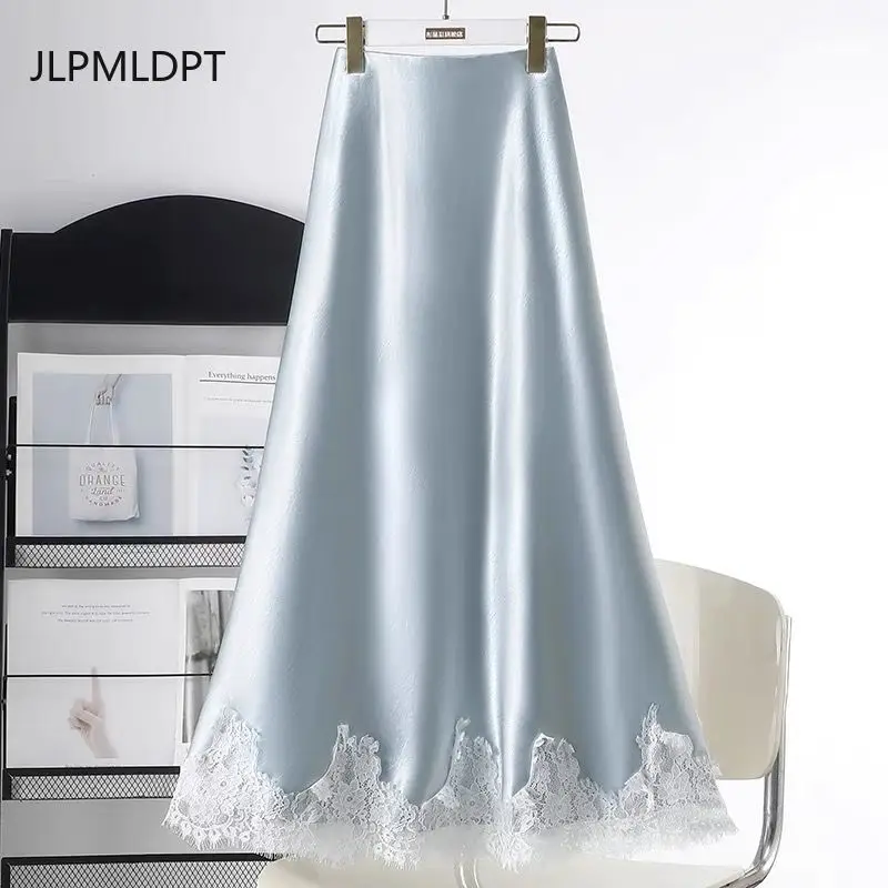 

2025 spring and summer new temperament fashion skirt women's loose acetic acid splicing lace high-end long skirt