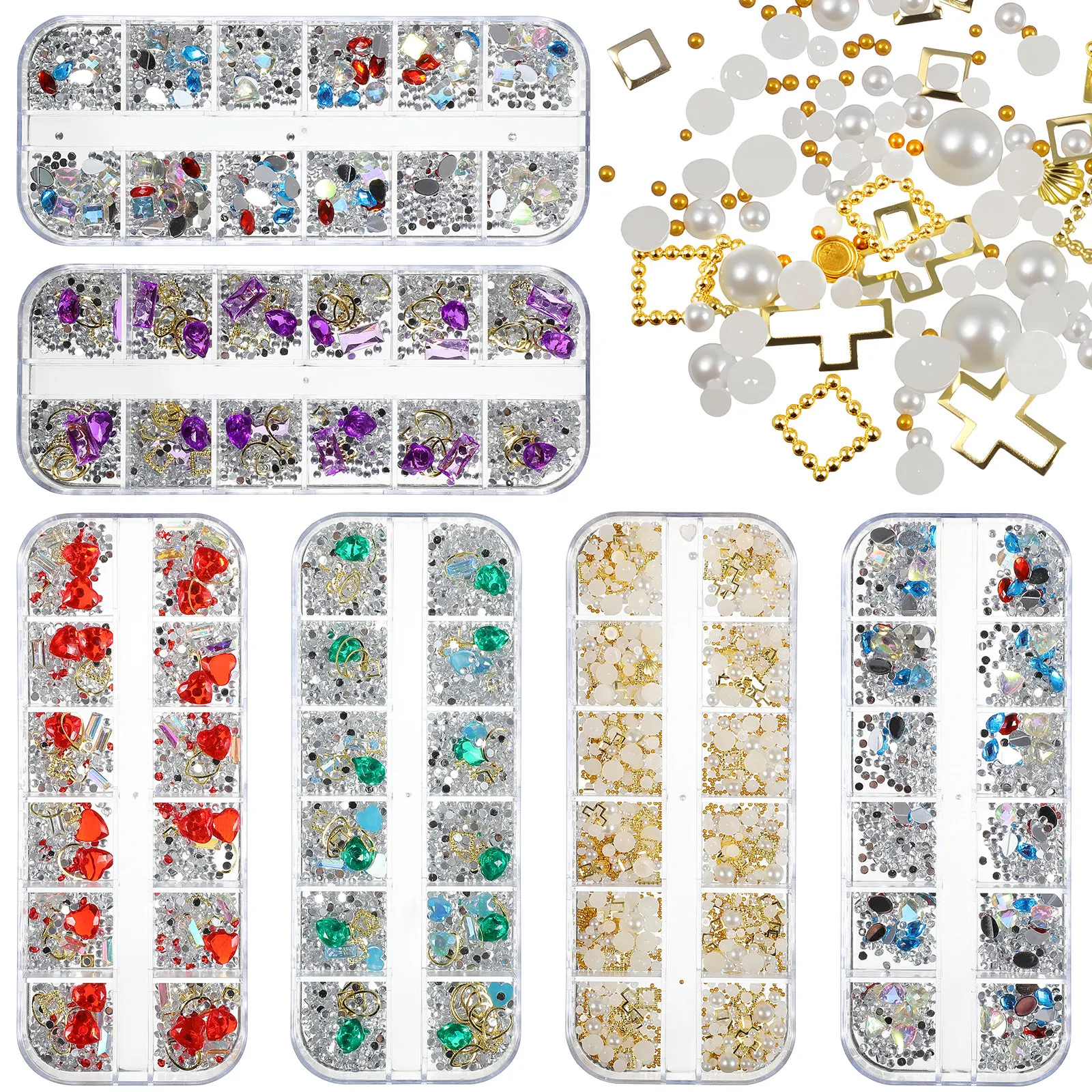 

Набор из 6 коробок по 12 ячеек: Стразы для маникюра, сверкающие стеклянные камни для декора ногтей, стразовые аппликации для дома и салона