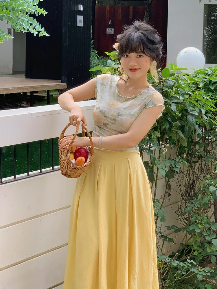 Yuan Ying Gentle Wind Oil Painting Short Sleeve Women's T-shirt Summer Slim Fit Short Style Retro Polyester Spandex Blend