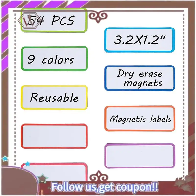 ABBG-54 Pcs 자기 건조 지우기 라벨 재사용 가능한 스트립 교실 이름 태그 쓰기 가능한 빈 자석 카드 지울 수있는 냉장고 메모