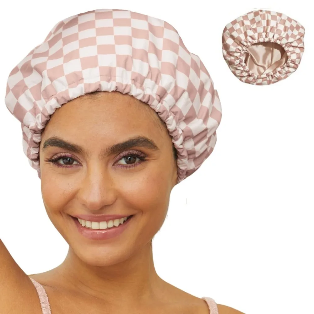 

Bathroom Essentials High-end Waterproof Shower Cap Plaid Luxury Hair Care Caps Elegant Double-layer Shampoo Cap Salon
