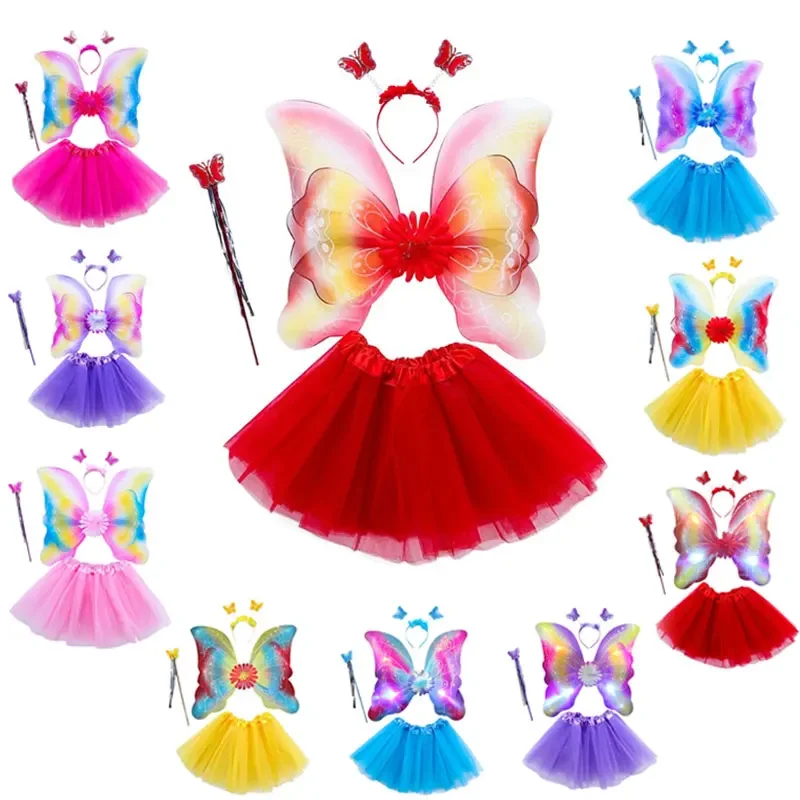 4Pcs Girls Fairy Cosplay Costume Set Tulle Skirt Double Layer Butterfly LED Wings Wand Headband Princess Stage Dress Up