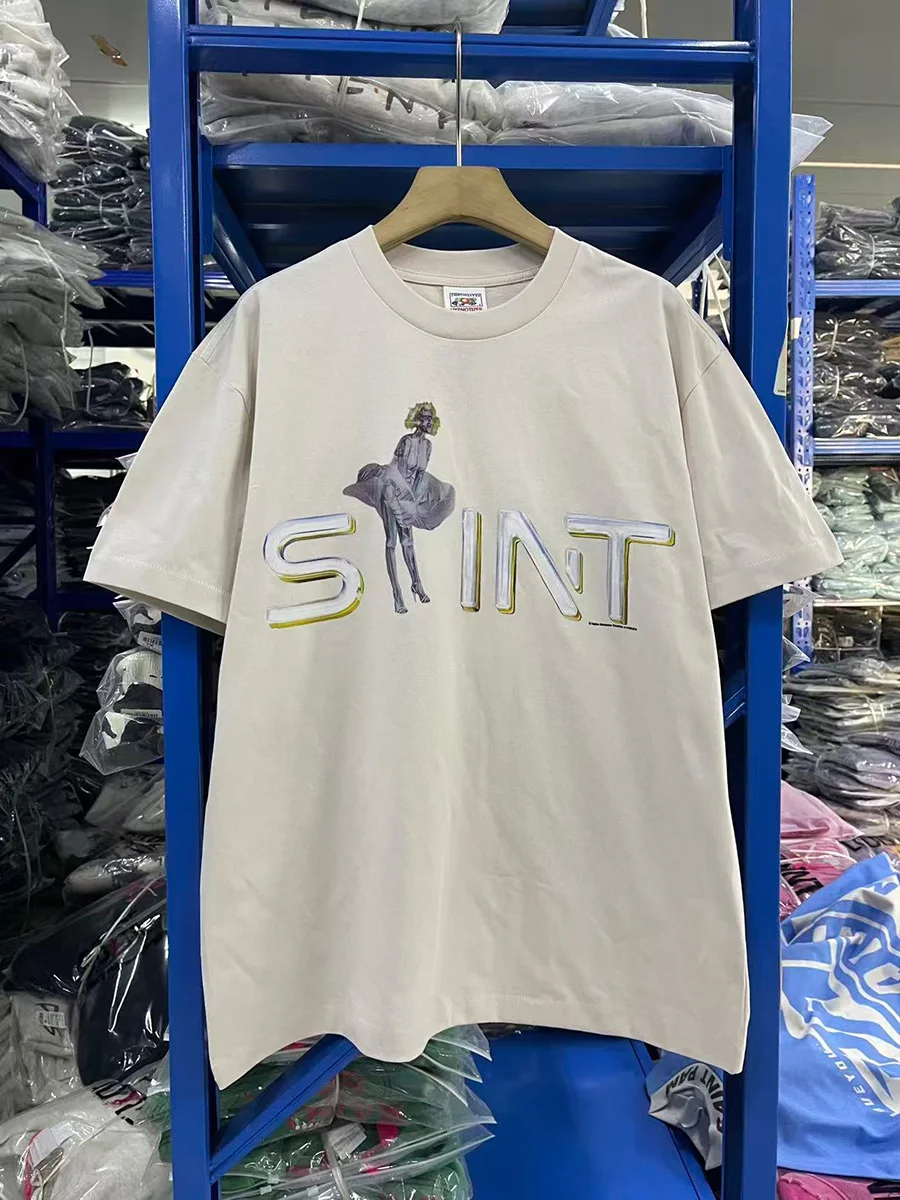 

American Style Heavyweight Printed Loose Short Sleeve Vintage T-Shirt for Men Breathable Cotton Casual round Neck Top