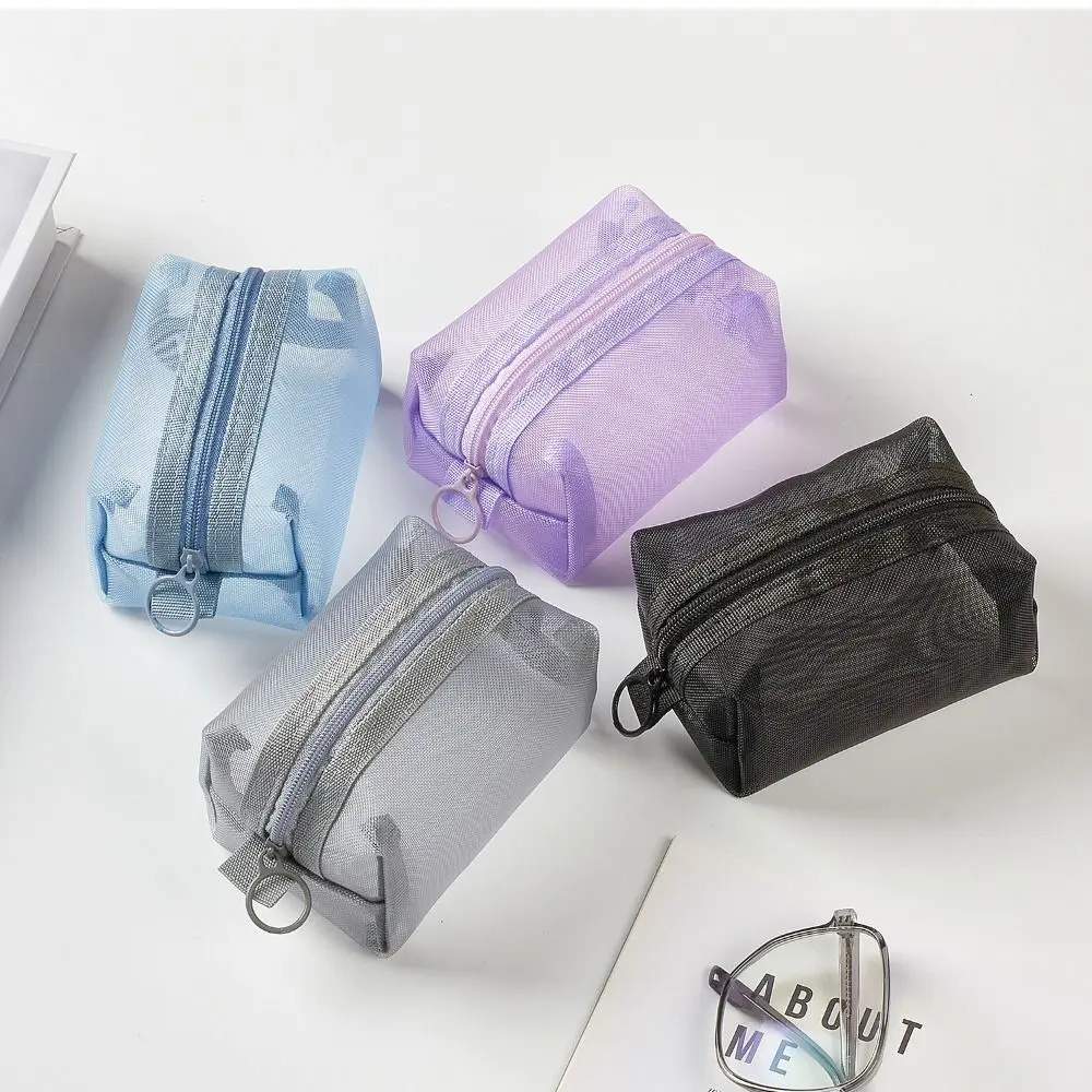 

New Solid Color Coin Purse Mesh Portable Cosmetic Bag Large Capacity Makeup Bag Men