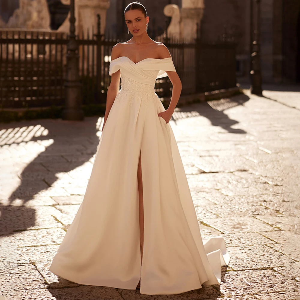 Customized Wedding Dresses Off Shoulder Lace Appliques White Wedding Gowns Split Sweep Train Party Bride Dresses robe de mariée