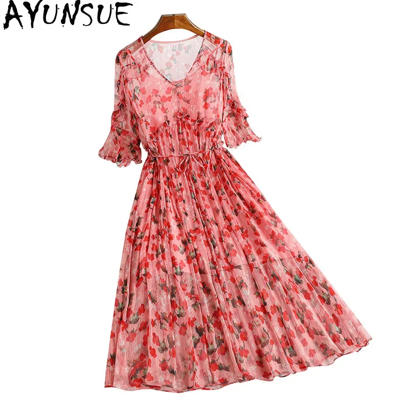 

AYUNSUE 100% Mulberry Silk Dresses 2024 Women Elegant Vacation Long Dresses Summer Fairy Dress Womans Clothing Vestidos Largos