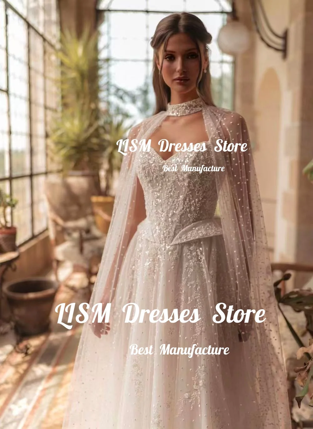 Lism Customized Exquisite Beading Wedding Dress Sweetheart with Long Cape Ivory Tulle Glitter Bridal Gown Vestido De Novia 2026