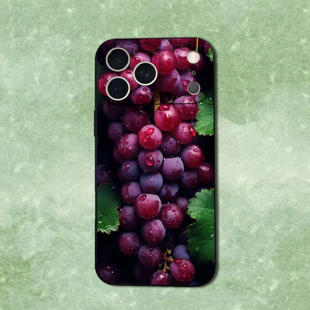 حافظة هاتف على شكل عنب أرجواني فواكه لهاتف آيفون 14,13,17,12,11,16,15,Plus,Pro Max,XS,X,XR,SE,Mini,Soft غطاء أسود من السيليكون