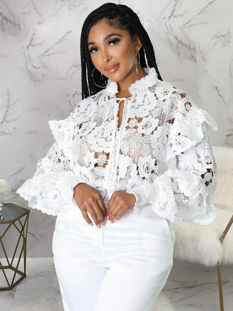 Dashiki African Shirts For Women Elegant Long Sleeve Hollow Out Lace Sheer See Through Top Blouse Clothing 2022 New Autumn