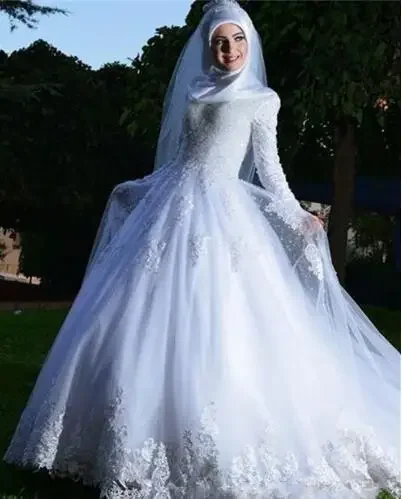 Customized White Muslim Wedding Dress Bridal Gown Bridal Dress Saudi Arabia Wedding Gowns Long Sleeve Wedding Dress