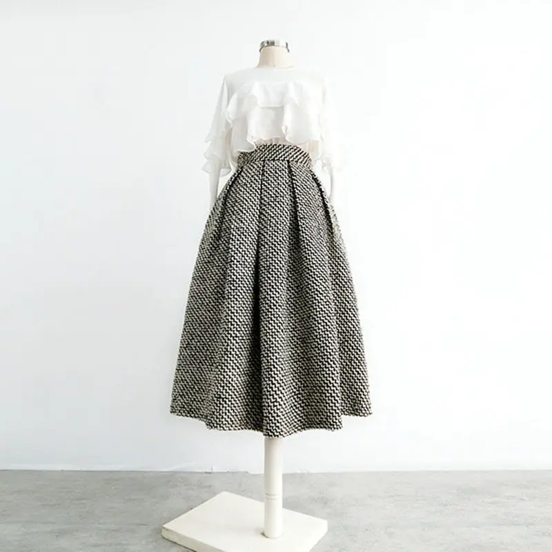 Ladies Fashion Vintage High Waist Tweed Pleated Skirt Autumn Winter New A-Line Thick Midi Skirts Temperament Women's Clothing