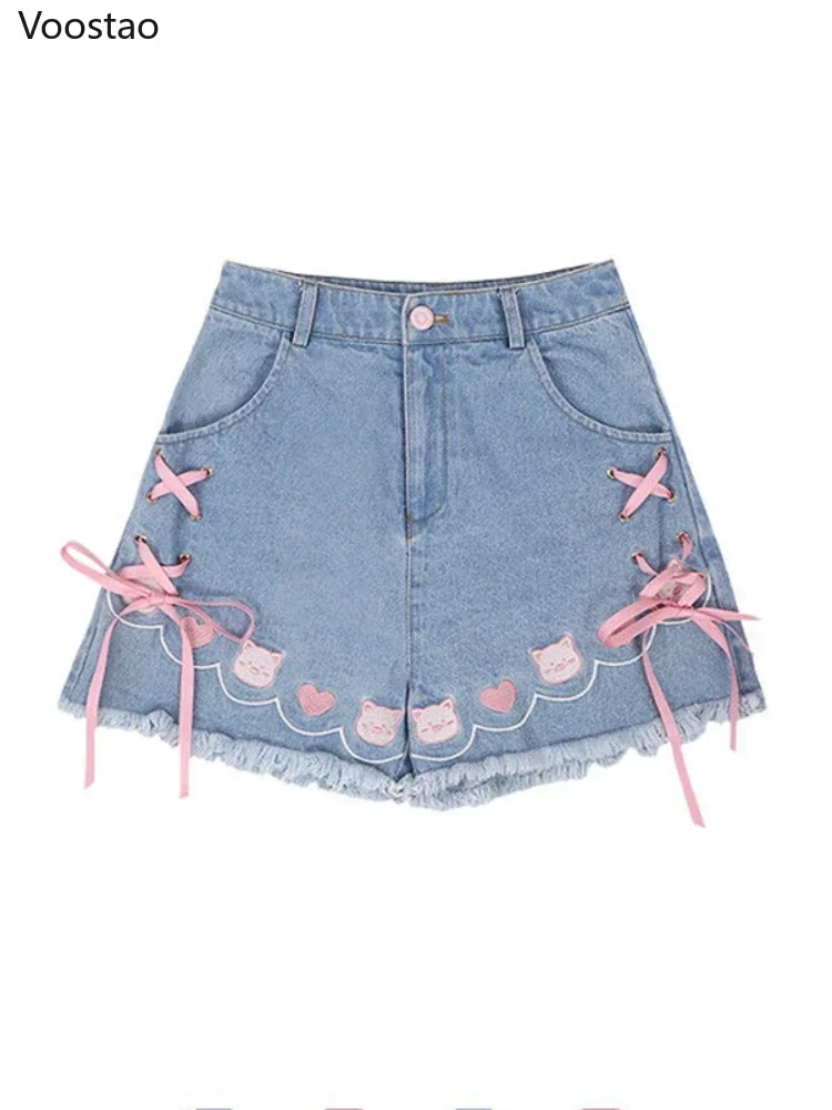 Summer Harajuku Lolita Style Denim Shorts Girly Sweet Cute Cartoon Piggy Embroidery Bow Bandage Short Pants Women Kawaii Jeans