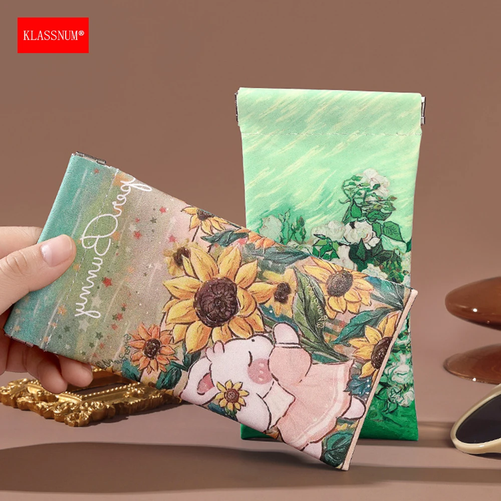 KLASSNUM Cute Glasses Pouch Portable Automatic Closing Eyepiece Case Women Girls PU Leather Oil Painting Eyewear Storage Bag