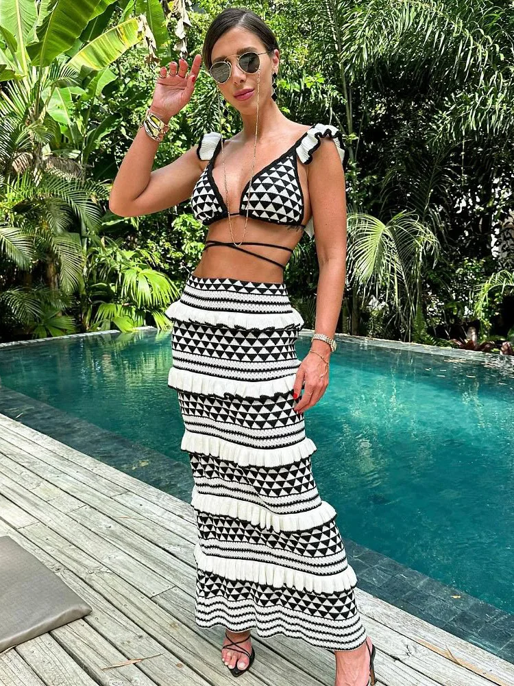 

HH TRAF Summer Beach Set Woman Sexy Plaid V-Neck Crop Bra Lace-Up Knitted Tops Female Elegant High Waist Flounce Maxi Skirts