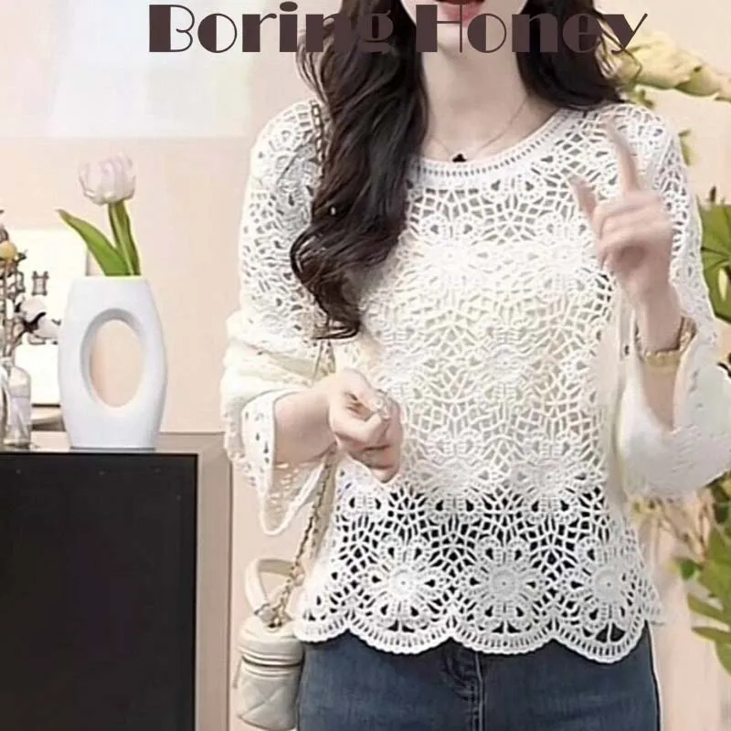 Boring Honey Women's Long Sleeve Protection Shirts Spring New Arrival Loose and Versatile Round Neck Tops French Style Design