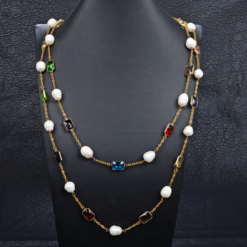 

4'' 15mm Natural White Rice Pearl Colorful Crystal Chain Necklace