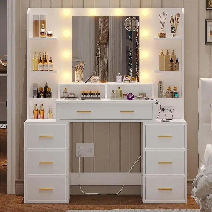 Vanity Desk with Mirror and Lights, Charging Station, Large Vanity Table with 8 Drawers, Acrylic Dividers and Shelves