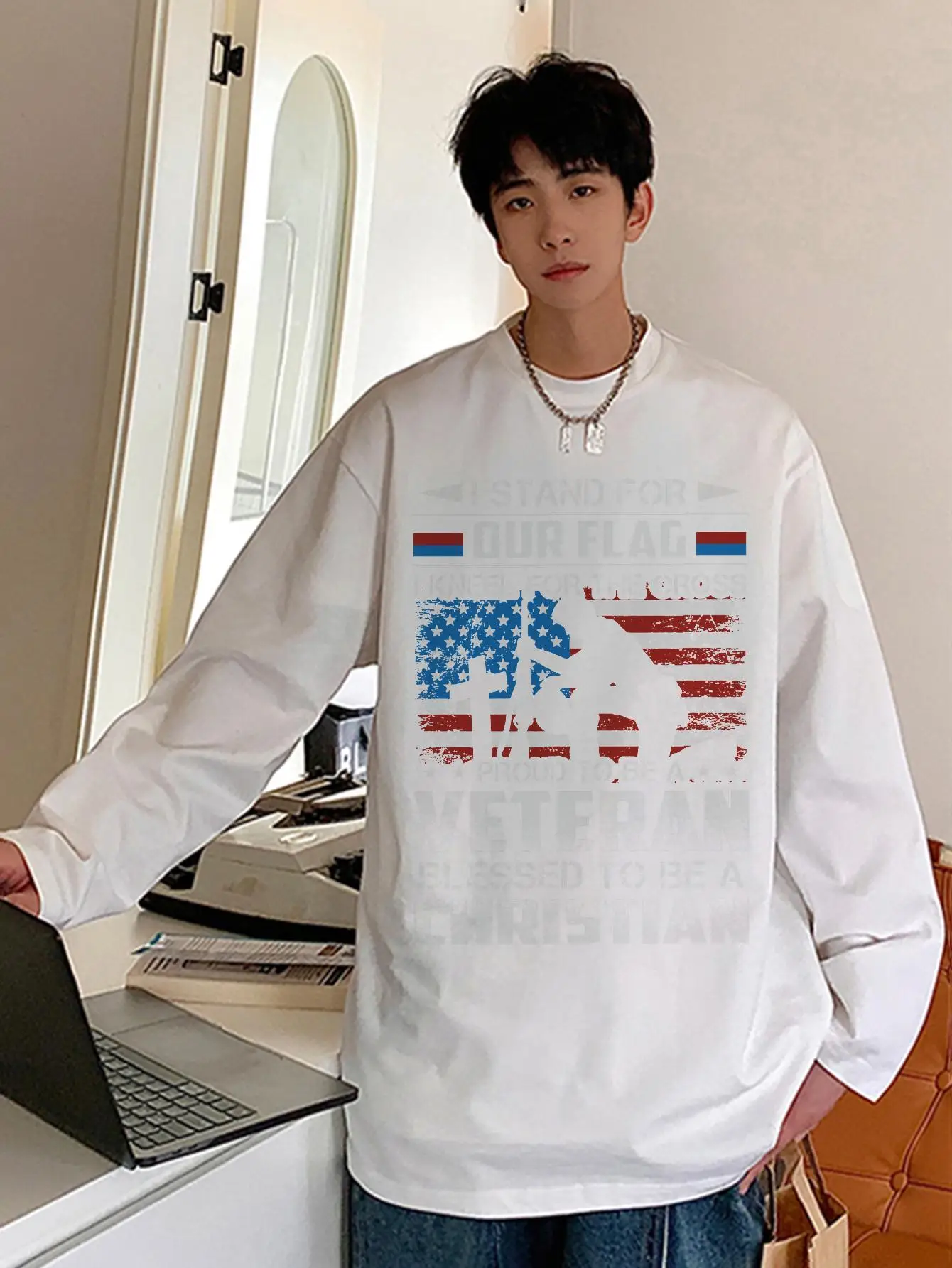 American Style Autumn New Men T-shirts Fashion Graphic Unisex Vintage Tees Loose Cotton Male Clothing Hip Hop Tops Long Sleeve