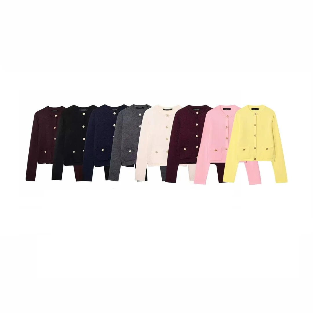 Faionable Bottone dorato lavorato a maglia Jaet Simple Sle ZR Trend Capispalla da donna Lungo Sve Cardigan caldo Fibra di poliestere