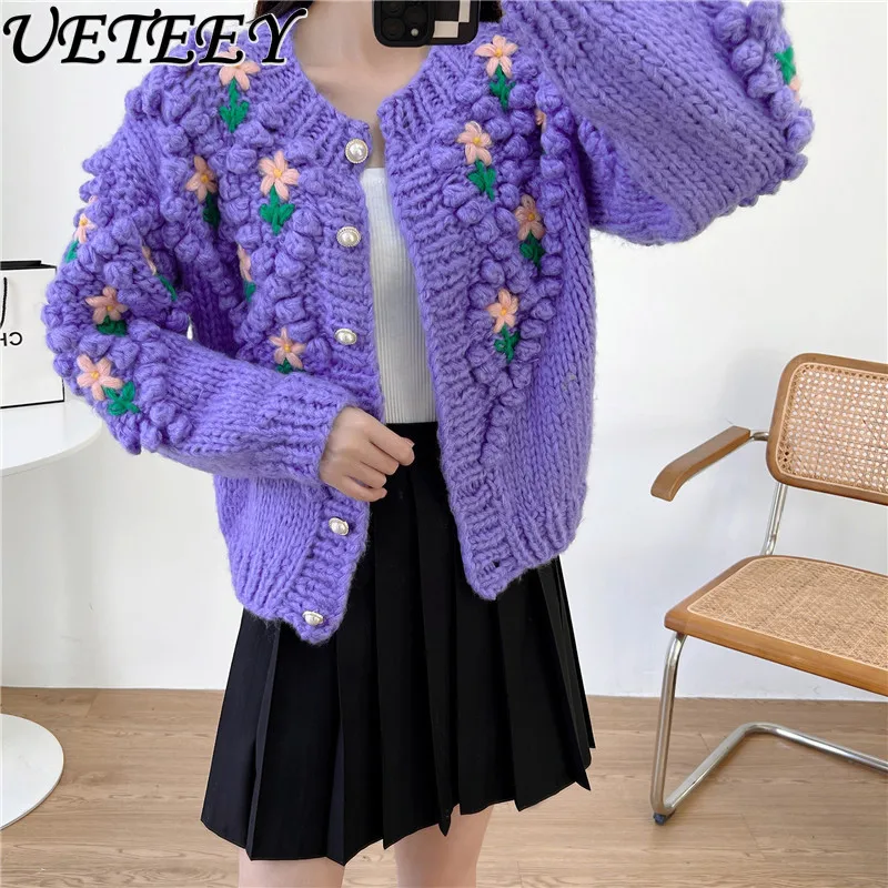 

Sweet Handmade Crocheted Sweater Cardigan 2024 Autumn Winter New Lady Single-Breasted Coarse Yarn Purple Knitted Sweater Coat