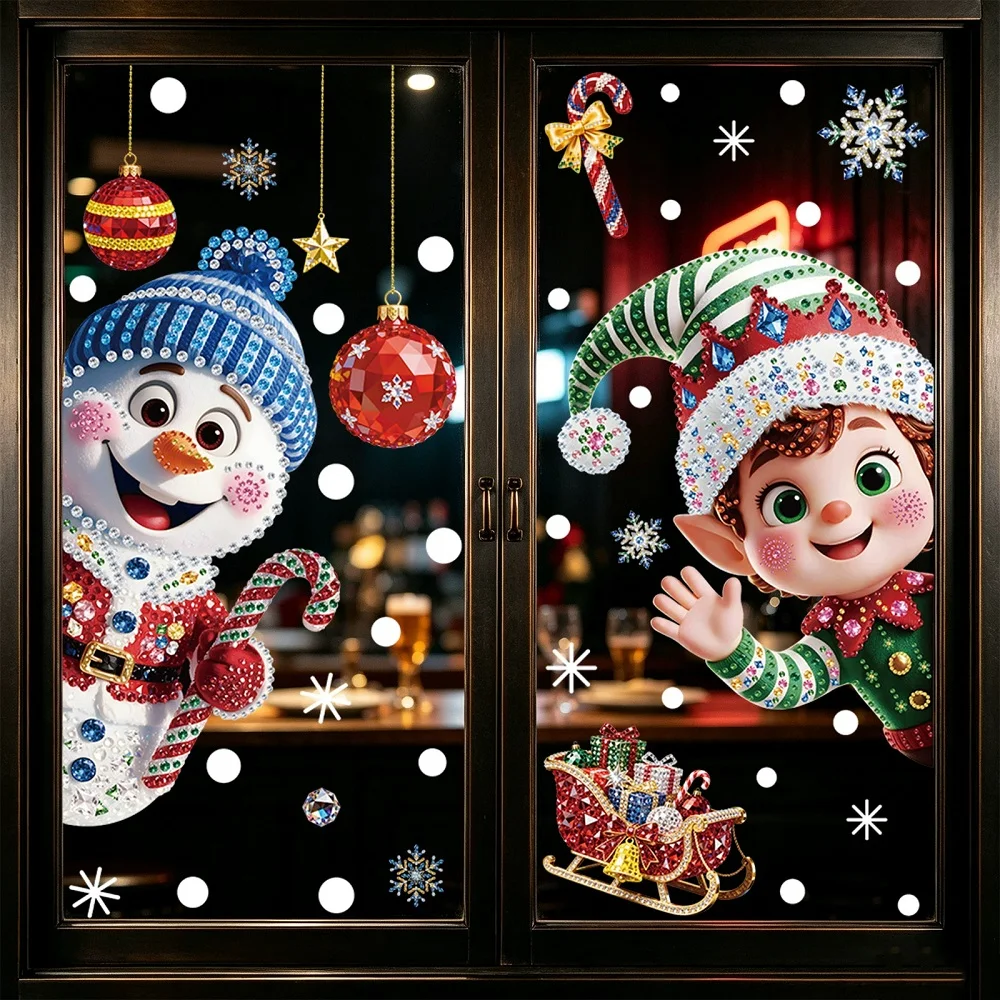 Christmas Window Stickers Decoration for Home Office Shopping Mall Showcase, Flash Effect Snowman Elf Santa Claus Glass Stickers