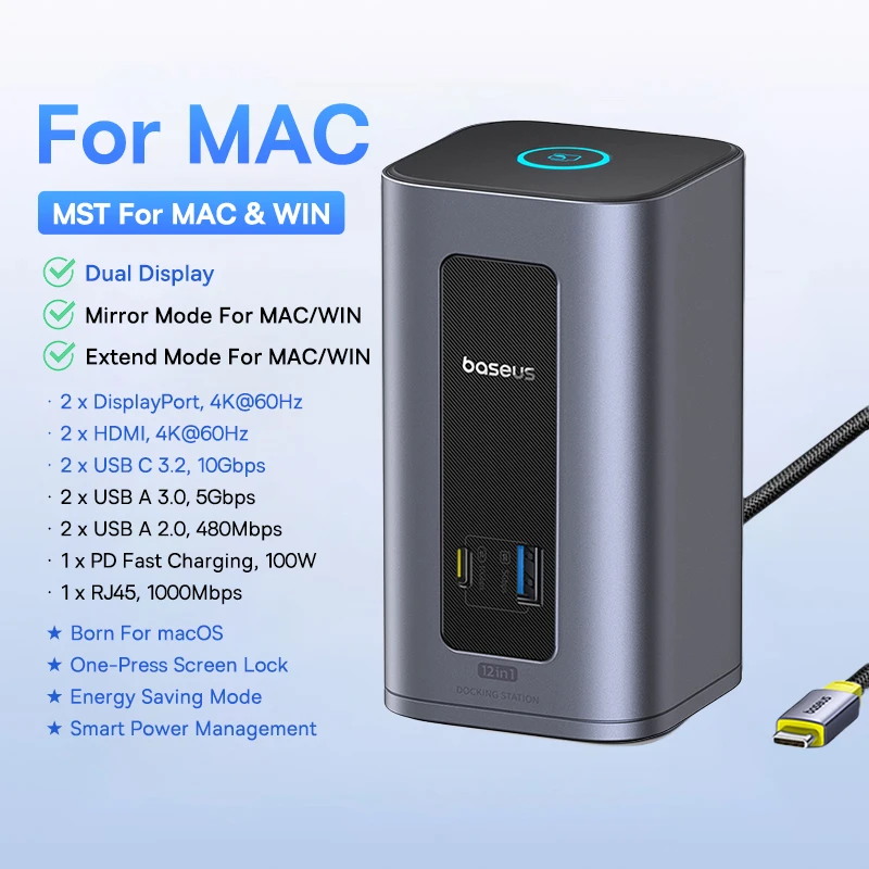 Baseus USB C HUB voor Mac 12-in-1 DisplayPort HDMI 4K@60Hz MST Display voor macOS Windows Docking Station USB 3.2 RJ45 PD 100W Hub