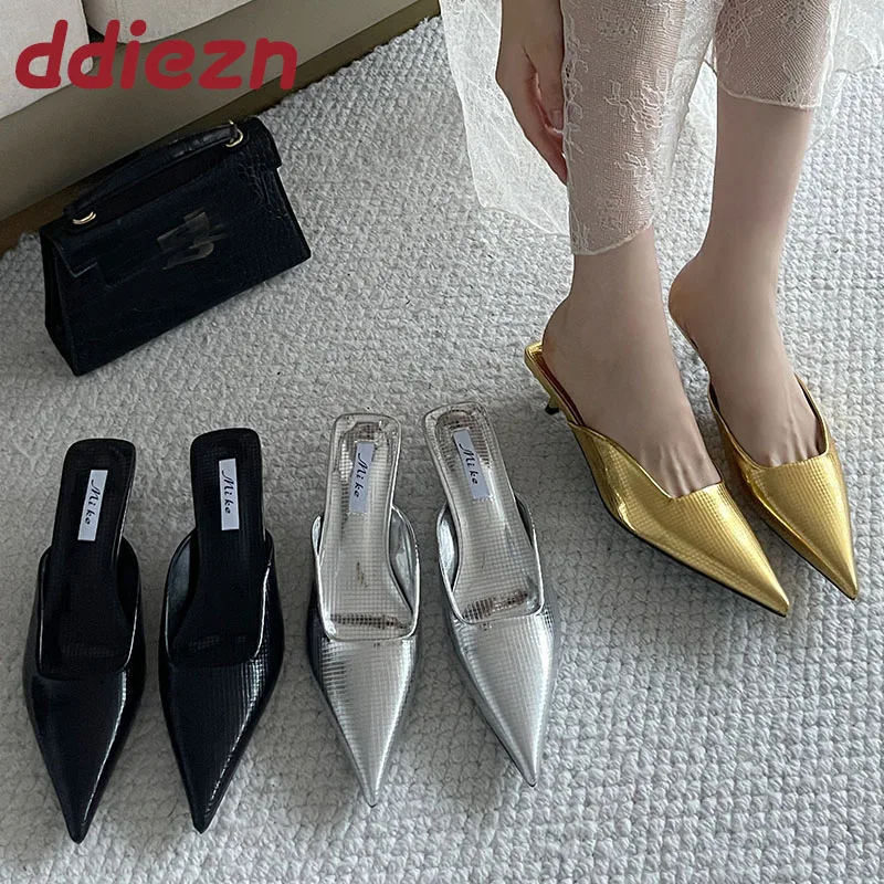 

New Female Footwear Low Heel Slippers Slides Shoes For Women Mules Fashion Pointed Toe Ladies Heeled Slippers Sandals Shoes